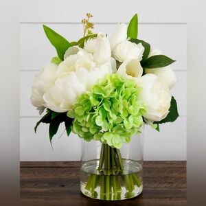Faux 12” Peony Arrangement in Glass Vase Home Decor White Green